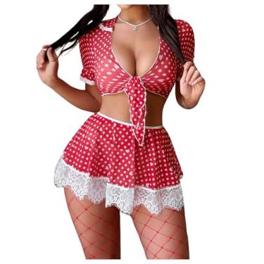 Imagem de WDIRARA Conjunto de lingerie feminina com 3 peças de fantasia de marinheiro cosplay listrado com shorts, bolinhas vermelhas, grande