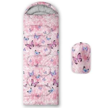 Imagem de Smell Sunshine Saco de dormir infantil para meninos e meninas, borboleta Sakura floral, leve, quente, ao ar livre, interior, impermeável, resistente ao clima frio, saco de dormir para acampamento e