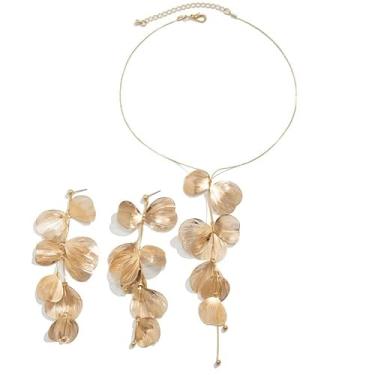 Imagem de Conjunto Feminino Colar Longo Gravata Brincos Pendente Floral Dourado Prata – Acessórios Elegantes Casamento, Festa, Formatura, Debutante e Presente Mãe Namorada Noiva Amor Romântico (Dourado)