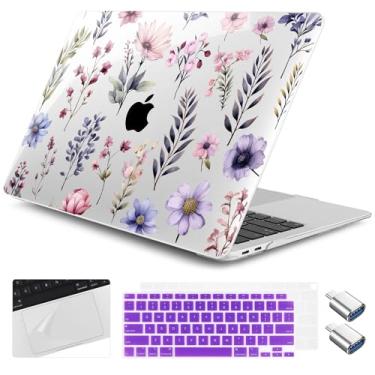Imagem de Yebiseven Capa para MacBook Air de 13 polegadas M1 2021 2020 2019 2018 modelo A2337/A2179/A1932, capa rígida para laptop com capa de teclado e protetor de trackpad e 2 adaptadores OTG, flores de