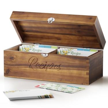 Imagem de Tidita Caixa de receitas grande de madeira de acácia com 100 cartões, 8 divisórias - Conjunto de caixa de receitas de madeira com compartimento duplo organizador de cartão grosso - Receitas com