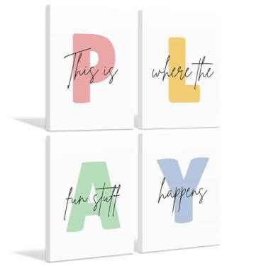 Imagem de Decoração de parede para sala de jogos infantil, pôster de sala de jogos, tela de berçário, decoração de parede, decoração de parede infantil para sala de jogos, arte Vamos brincar, placas para quarto