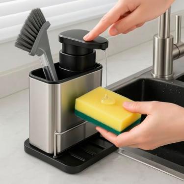 Imagem de Dispenser Porta Detergente 3 em 1 Esponja Sabão em Aço Inox Suporte Organizador para Bucha