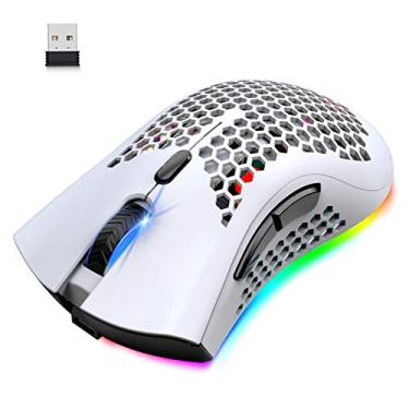 Imagem de Mouse para jogos leve, sem fio, favo de mel com 7 botões, multi RGB, retroiluminado, sensor óptico ajustável, DPI recarregável, bateria de 800 mAh, receptor USB para PC, Mac Gamer, (branco)