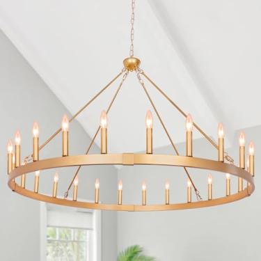 Imagem de Rviezza Lustre de roda de vagão dourado 121 cm, 24 luzes, lustres rústicos redondos extragrandes para varanda ao ar livre, tetos altos, sala de jantar, sala de estar, hall de entrada, entrada