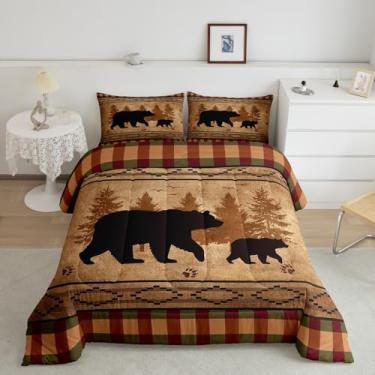 Imagem de Feelyou Conjunto de cama queen com urso, rústico, urso, edredom para meninos, meninas, adolescentes, casa de fazenda, respirável, macio, animal selvagem, xadrez, preto, laranja, decoração de quarto