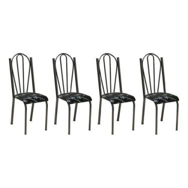 Imagem de Kit 4 Cadeiras de Cozinha Alasca Estampado Preto Florido Pés de Ferro 