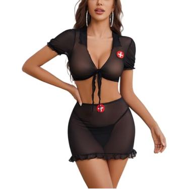 Imagem de Avidlove Lingerie sexy de enfermeira para mulheres, roupas de cosplay de enfermeira com top de gravata e minissaia colado ao corpo, preto, 2GG