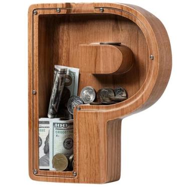 Imagem de Cofrinho, alfabeto de letras grandes de madeira, banco de dinheiro par