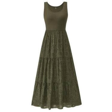 Imagem de Vestido midi BTFBM feminino com ilhó de verão sem mangas verde militar