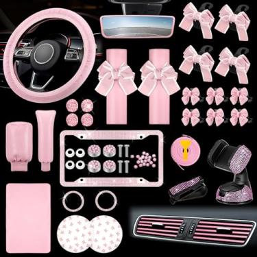 Imagem de Datanly Conjunto de 39 peças de acessórios de carro rosa para mulheres, acessórios de carro de arco de couro, capa de volante de couro rosa, ajuste universal, capa de cinto de segurança de 38 cm