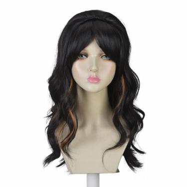 Imagem de Aeilene Peruca de onda longa com franja para mulheres, perucas de íris longas pretas loiras onduladas de fibra sintética resistente ao calor para uso em festas de Halloween