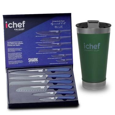 Imagem de Conjunto de Facas Special Cut Blue Duo e Copo Térmico Com Tampa Smart Cup 600ML Ichef | Copo Verde