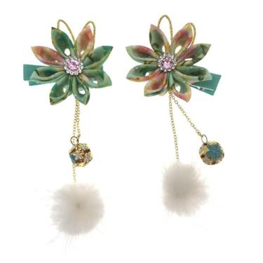 Imagem de 1 par de grampos de cabelo clássicos floral pompom borla grampo de cabelo vintage prendedor de cabelo Hanfu acessórios de cabelo para mulheres meninas senhoras (verde)