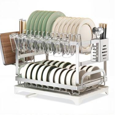 Imagem de LemonRoad Conjunto de escorredor de pratos de 2 níveis, escorredor de pratos de aço inoxidável de grande capacidade para balcão de cozinha, prateleira removível com placa de drenagem, suporte de