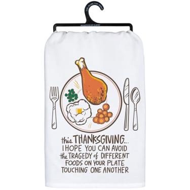 Imagem de Primitives by Kathy Toalha de cozinha - Foods Touching, da nossa coleção Fall & Harvest exibindo um design colorido ilustrado à mão com um sentimento divertido de ação de graças