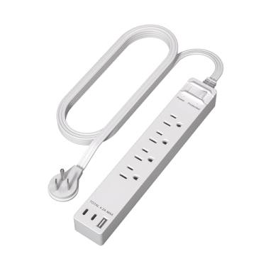 Imagem de LIDER Extensor de tomada com 4 receptáculos, USB-A e 2 USB-C, plugue plano ultrafino com extensor de cabo, régua de alimentação de 4 saídas, design angular fino, protetor contra surtos, 1500 joules