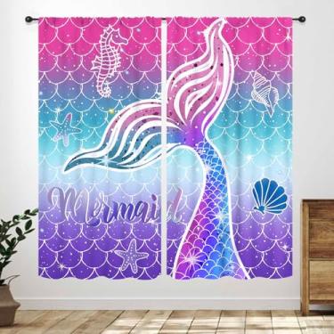 Imagem de Cortinas de sereia, cauda de sereia arco-íris, escama de peixe, fantasia, tema oceano, desenho animado, estrela-do-mar, meninas, bebês, tratamentos de janela para quarto, sala de estar, berçário, 2
