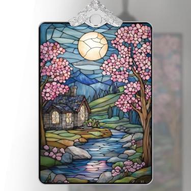 Imagem de Enfeite de árvore de Natal, decoração pendurada em estilo vitral e apanhador solar de janela de acrílico, casa de campo iluminada pela lua com design de flores de cerejeira, para amigos da família