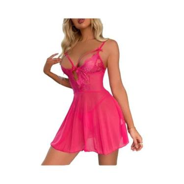 Imagem de Conjunto de Lingerie Rosa com Alças de Renda - Pijama Sexy Babydoll, B