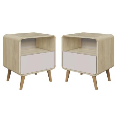 Imagem de Kit 2 Mesas de Cabeceira Canto Curvo Nicho 1 Gaveta Pés Palito Carvalho Araguaia