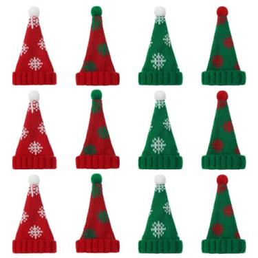 Imagem de Bencailor 12 mini chapéus de Papai Noel para artesanato, pequeno chapéu de malha de Natal, boneco de neve, suporte de garrafa de vinho, boné de boneca para cobertura de mesa (fofo)