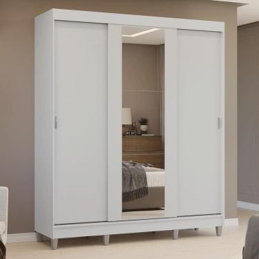 Imagem de Guarda-roupa Casal Com Pés 3 Portas De Correr Com Espelho Branco Reno Madesa