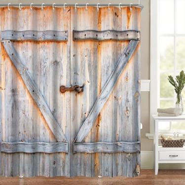 Imagem de Cortina de chuveiro rústica para porta de celeiro para banheiro country madeira velha garagem porta cortina de chuveiro tábua de madeira vintage decoração de banheiro lavável tecido de poliéster