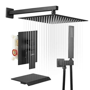 Imagem de BWE Torneira de chuveiro preta de 25,4 cm com torneira de cachoeira completa com conjunto de bico fosco, quadrado, luxuoso, misturador de pressão, equilíbrio de pressão, montagem de parede com 3 funções, capa de válvula resistente e acabamento incluídos