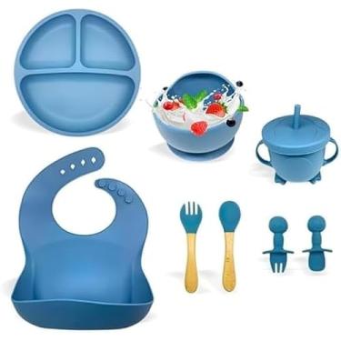 Imagem de Kit Introdução Alimentar Bebê 8 Peças | Prato e Tigela com Ventosa, Talheres, Copo e Babador | Silicone BPA Free, Resistente e Seguro (AZUL)
