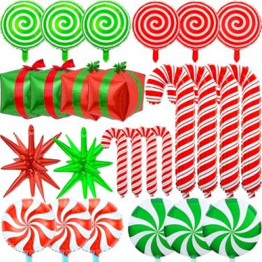 Imagem de AxiyanX Balões de alumínio de Natal, 30 peças, kit de balões grandes de bengala doce vermelho verde para decorações de festa de Natal, conjunto de arco de balão Mylar com fitas, fácil de inflar e