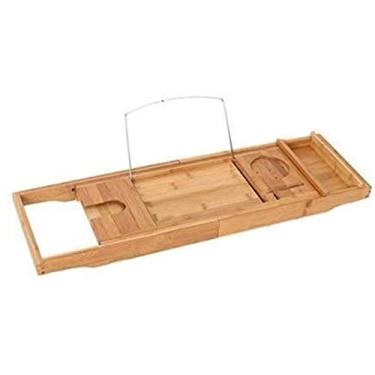 Imagem de Bandeja de banheira extensível organizador de banheira rack de vinho de mesa suporte de banheira multifuncional bandeja de banho de madeira armazenamento suporte de banheira antiderrapante (A)