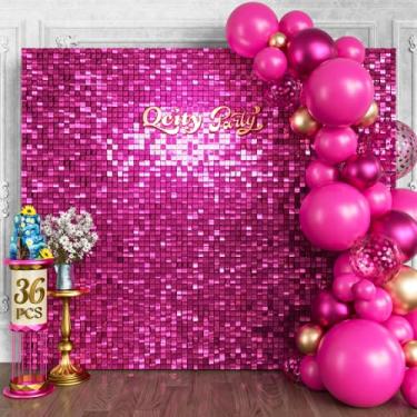 Imagem de Qcity Pano de fundo de parede rosa choque brilhante 36 peças, design preto não transparente, painel de fundo quadrado com glitter, perfeito para eventos ao ar livre, aniversários, casamento e