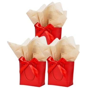 Imagem de Aosric Pacote com 3 sacos de presente vermelhos com fita de laço e papel de seda – 19 x 9 x 19 cm elegante bolsa de presente pequena com suporte de base para lembrancinhas de festa, aniversário