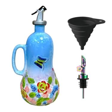 Imagem de Windefun Garrafa decorativa de 540 ml para cozinha, garrafa de azeite de oliva de cerâmica pintada à mão, recipiente de óleo de cerâmica (flor de amor borboleta)