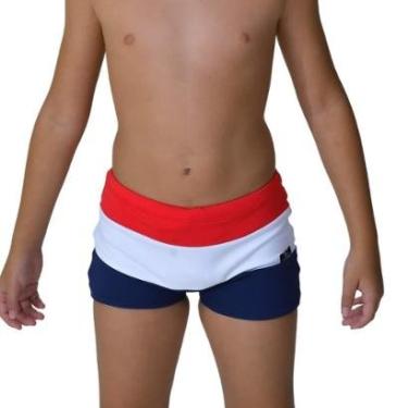 Imagem de Sunga Infantil Boxer Moda Praia Tricolor Vermelho branco e Azul Marinho Proteção UV-Masculino