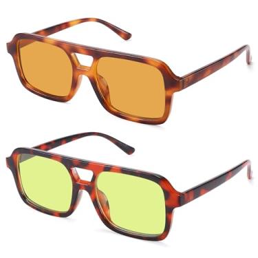 Imagem de Óculos de sol aviador retrô anos 70 para mulheres e homens, óculos de sol retangulares vintage modernos quadrados, Tartaruga/verde + tartaruga amarela/laranja