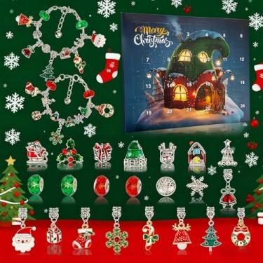 Imagem de Pulseiras com calendário do advento de Natal 2025 para meninas, 24 dias, calendário de contagem regressiva de Natal, kit de fabricação de joias, 22 contas de pingentes, 2 pulseiras para adolescentes