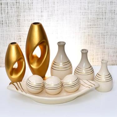 Imagem de Kit 9 Jarros Decorados Trio Vaso Ceramica Enfeite Centro Mesa Sala Enfeite Casa Rack Aparador Nicho Jarros Decorativos Para Sala(DOURADO LISTRA 9PÇS)