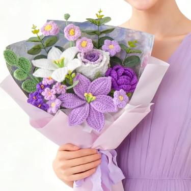 Imagem de Serwalin Buquê de flores de crochê, flores roxas feitas à mão, flores de crochê de rosas lírio, para amantes, professores, aniversário, aniversário, dia das mães, presentes de formatura