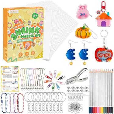 Imagem de Ecoofor Kit de plástico retrátil de 198 peças com 20 folhas retráteis, furador, acessórios para chaveiro e lápis de cor, conjunto de artesanato retrátil DIY para fazer chaveiros, presentes de Páscoa e