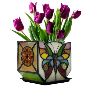 Imagem de Entlityful Vaso de borboleta de vitral feito à mão, lindos vasos para plantas de interior, vaso decorativo de flores, vaso de cacto, com drenagem, decoração de jardim doméstico