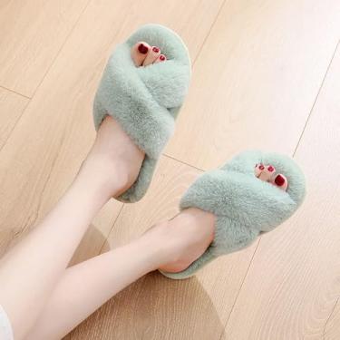 Imagem de Pantufas felpudas para mulheres, bico aberto, faixa cruzada, espuma de memória, sapatos aconchegantes de pelúcia para uso interno e externo, chinelos macios para casa e quarto para uso diário, Verde