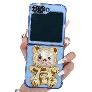 Imagem de Kwhapoo Linda capa com suporte compatível com Samsung Galaxy Z Flip 5/Z Flip 6 de 6,7 polegadas, contas douradas 3D luxuosas, areia movediça, suporte feminino de urso para mulheres, capas macias de