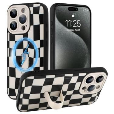 Imagem de SOKAD Capa quadriculada magnética para iPhone 15 Pro Max com suporte de alça de dedo, compatível com Magsafe, lindo tabuleiro de xadrez projetado para mulheres e homens, capa de proteção completa para