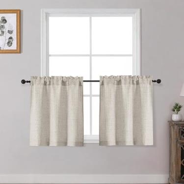 Imagem de OWENIE Cortinas de cozinha de linho sobre a pia 61 cm de comprimento, conjunto de 2 painéis, cortinas de café curtas texturizadas com filtragem de luz para janelas de banheiro, pequena cortina para