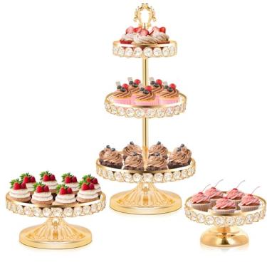 Imagem de KEHAIL Conjunto de bandeja redonda de cupcake de metal, suporte de exibição de sobremesa de cristal para casamentos, aniversários, centros de mesa de festa, lanches e pratos de frutas (dourado