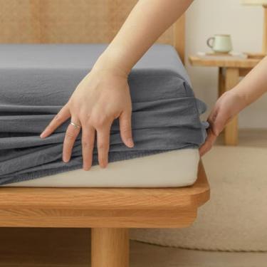 Imagem de BESTOUCH Lençol com elástico 100% algodão lavado e linho, cabe facilmente em bolsos profundos de até 43 cm cinza sólido cinza solteiro