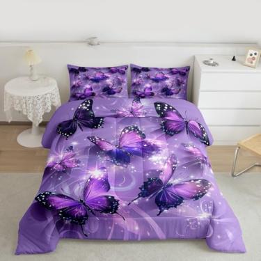 Imagem de Feelyou Conjunto de edredom para meninas, tamanho casal, chique, com glitter, roxo, para amantes de borboletas, edredom lindo e sonhador, decoração de quarto feminino, 3 peças com 2 fronhas