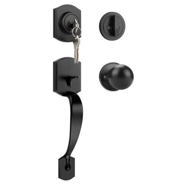 Imagem de Tinewa Camelot Trim Conjunto de maçaneta de meia entrada inferior e fechadura preto fosco, maçaneta de porta de entrada atualizada com maçaneta para teclado eletrônico, conjunto de fechadura de porta